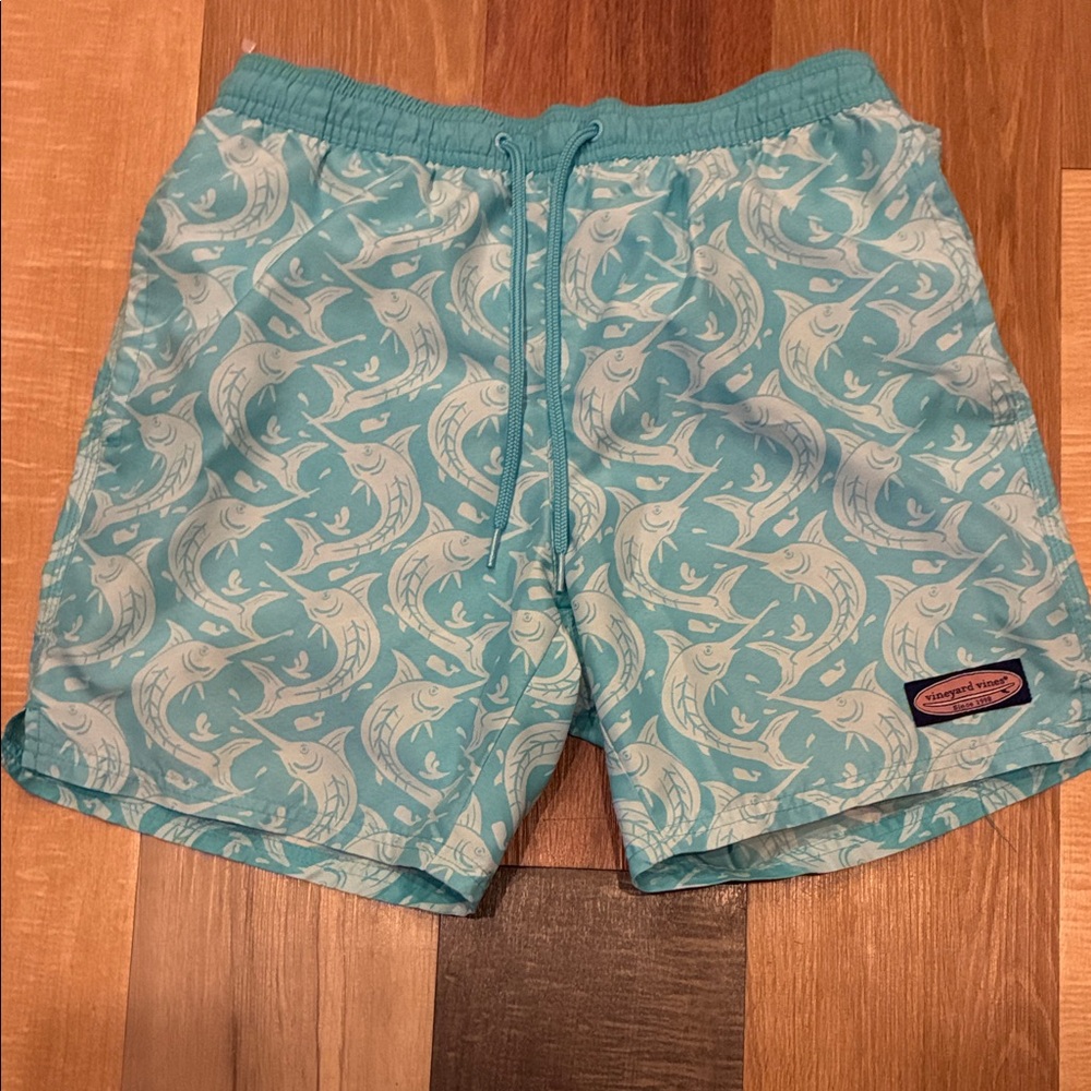 Vineyard Vines Boys Light Blue & White Marlin Print Swim Trunks